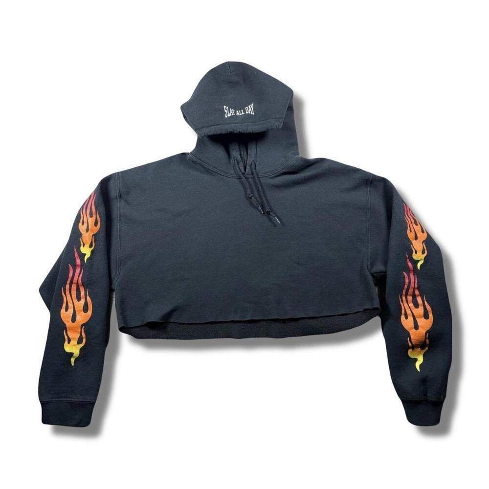 Civil Regime Black Cropped Slay All Day Flame Hoodie Size Small